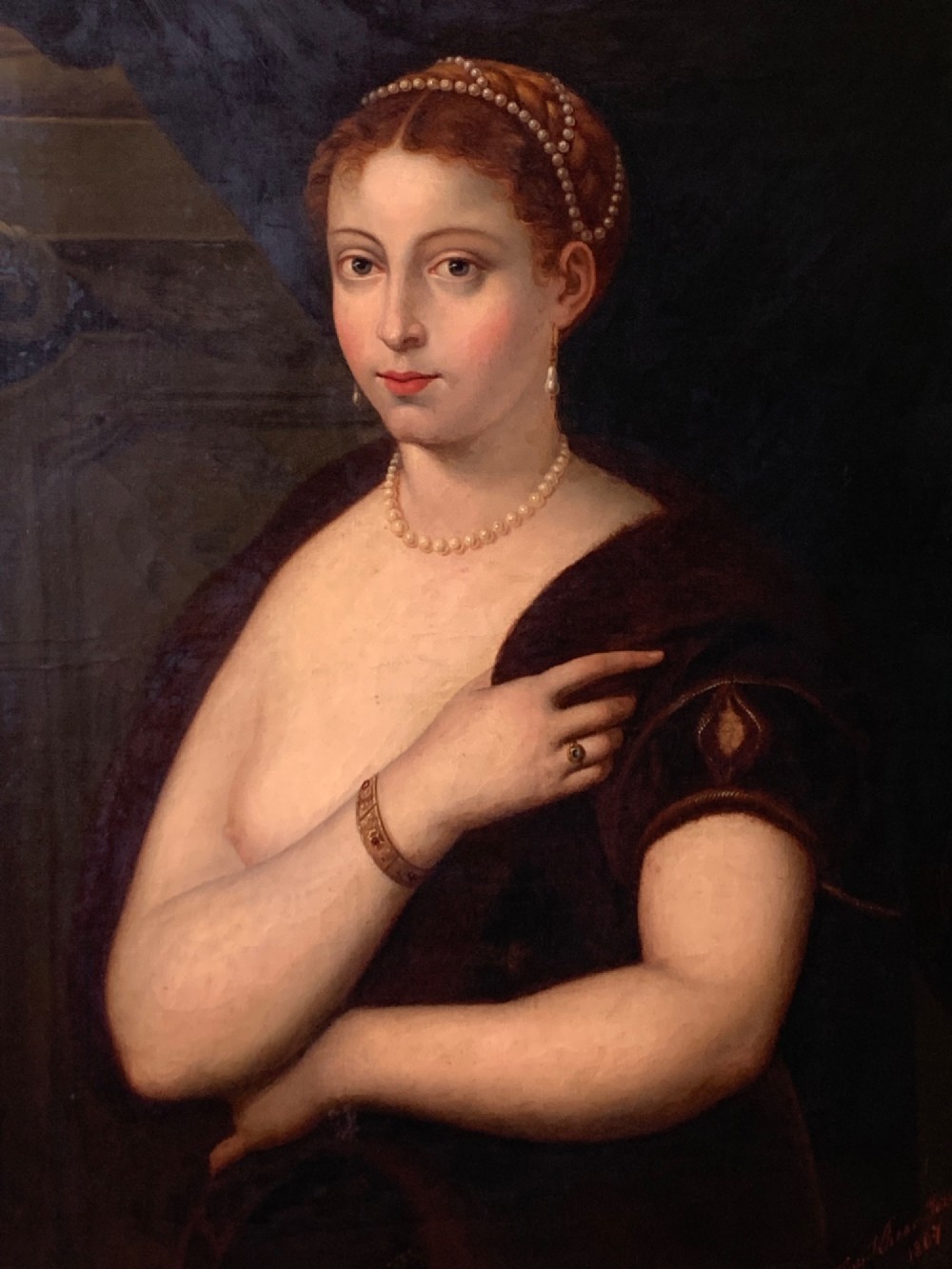 LARGE ANTIQUE OIL PORTRAIT AFTER TITIAN -DATED 1867 View II