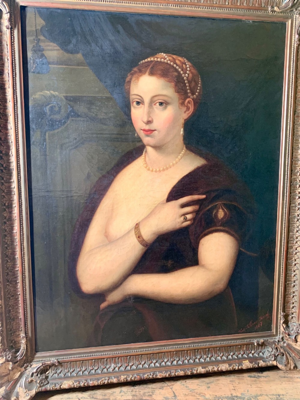 LARGE ANTIQUE OIL PORTRAIT AFTER TITIAN -DATED 1867 View III
