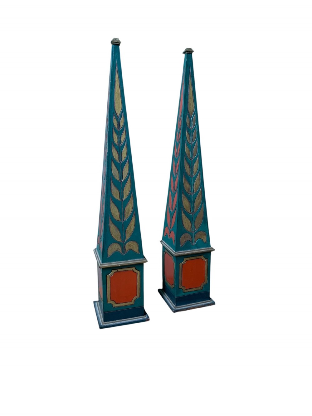 A DECORATIVE PAIR OF ANTIQUE POLYCHROME PAINTED OBELISKS View II