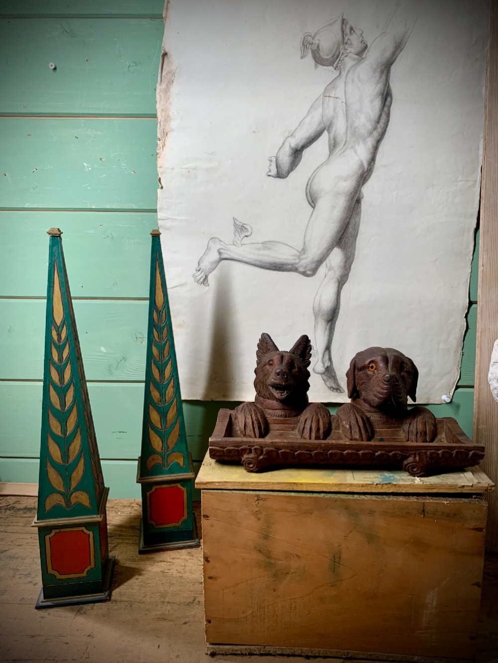 A DECORATIVE PAIR OF ANTIQUE POLYCHROME PAINTED OBELISKS View III