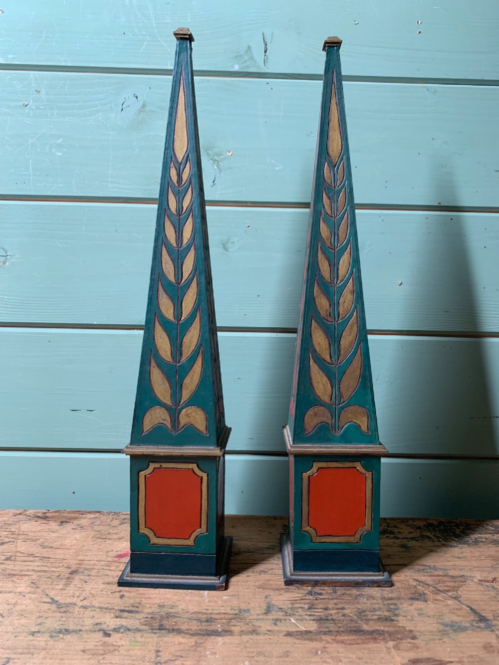 A DECORATIVE PAIR OF ANTIQUE POLYCHROME PAINTED OBELISKS View IV