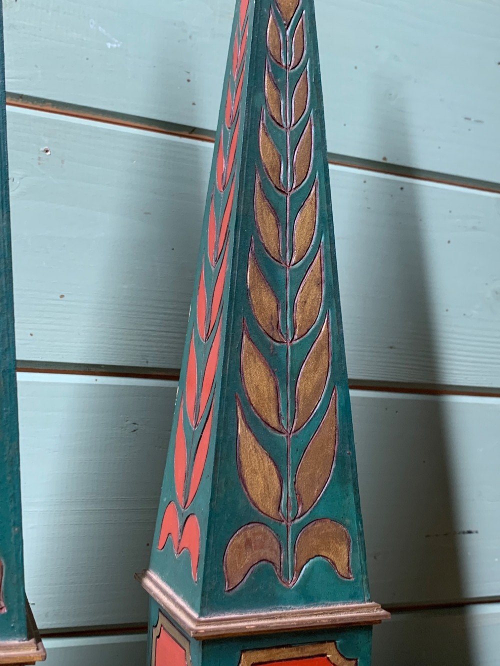 A DECORATIVE PAIR OF ANTIQUE POLYCHROME PAINTED OBELISKS View VI