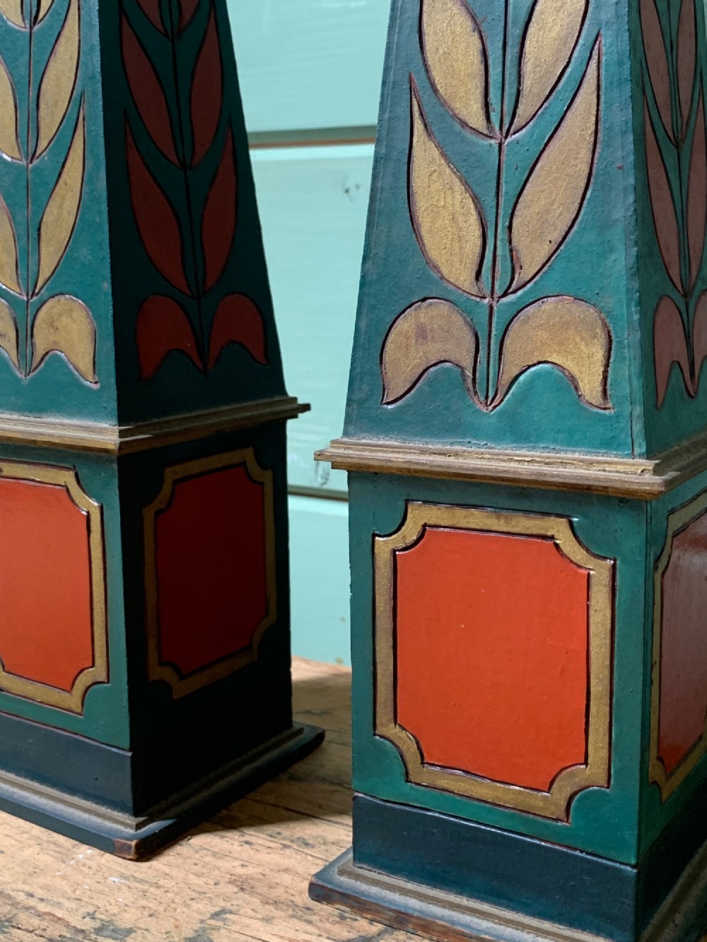 A DECORATIVE PAIR OF ANTIQUE POLYCHROME PAINTED OBELISKS View VII