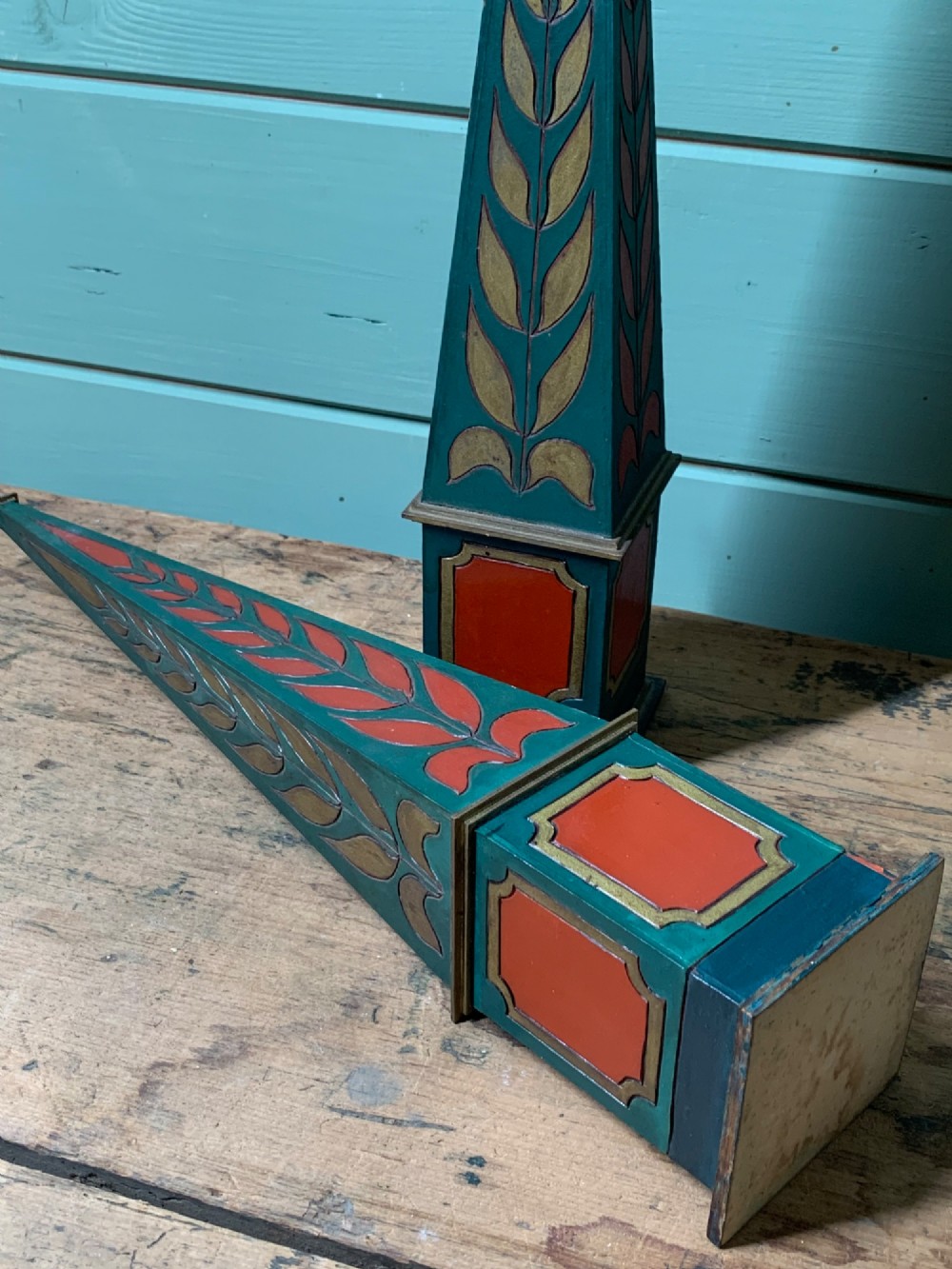 A DECORATIVE PAIR OF ANTIQUE POLYCHROME PAINTED OBELISKS View VIII