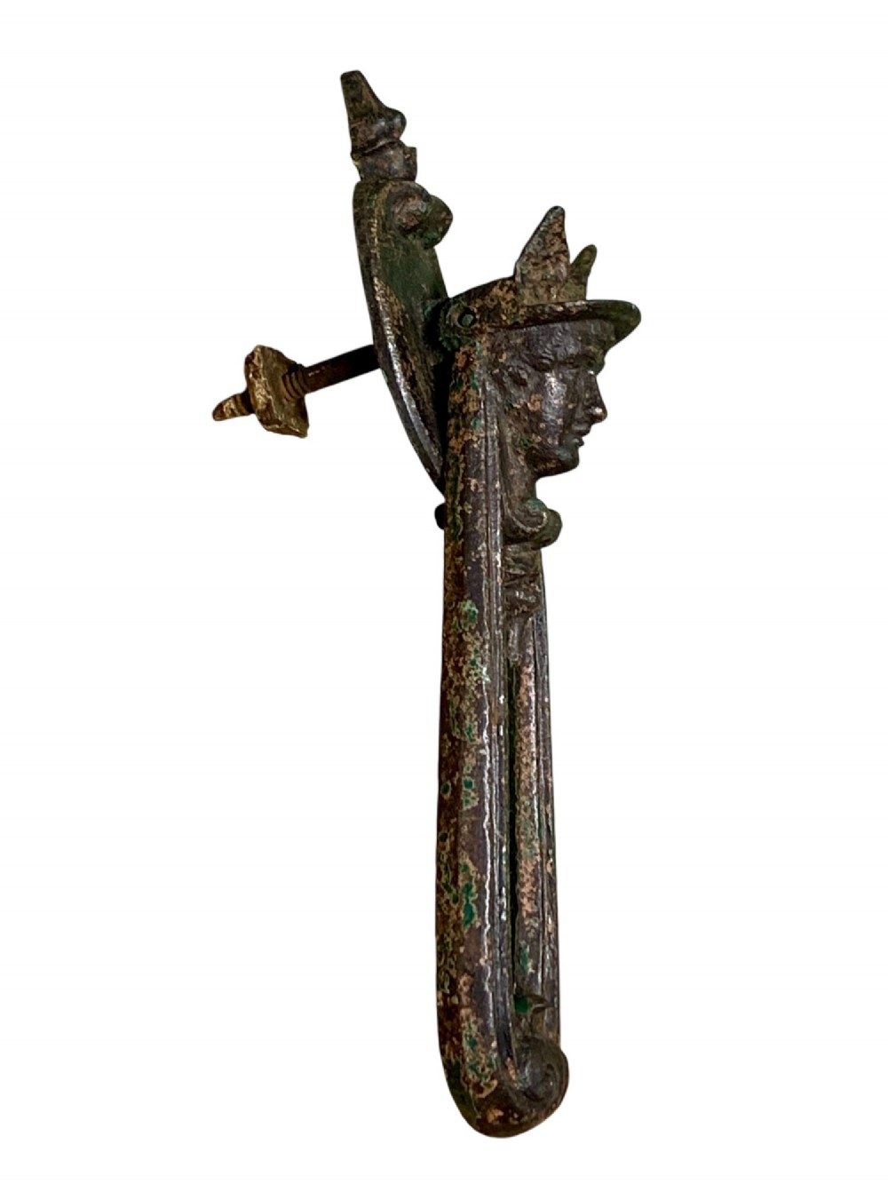 A Victorian cast iron door knocker featuring a sculpted classical Hermes head atop a drop-down loop striker. View III