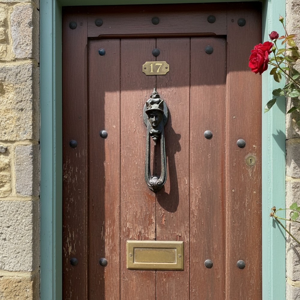 A Victorian cast iron door knocker featuring a sculpted classical Hermes head atop a drop-down loop striker. View X