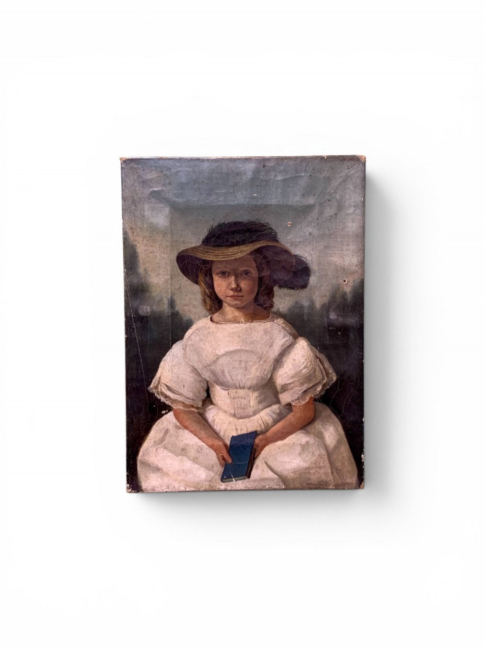 An early 19th-century oil portrait depicting a young girl in a white puff-sleeved dress and bonnet holding a book. View III