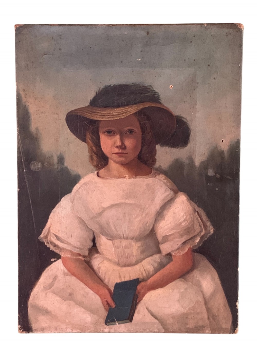 An early 19th-century oil portrait depicting a young girl in a white puff-sleeved dress and bonnet holding a book. View IV