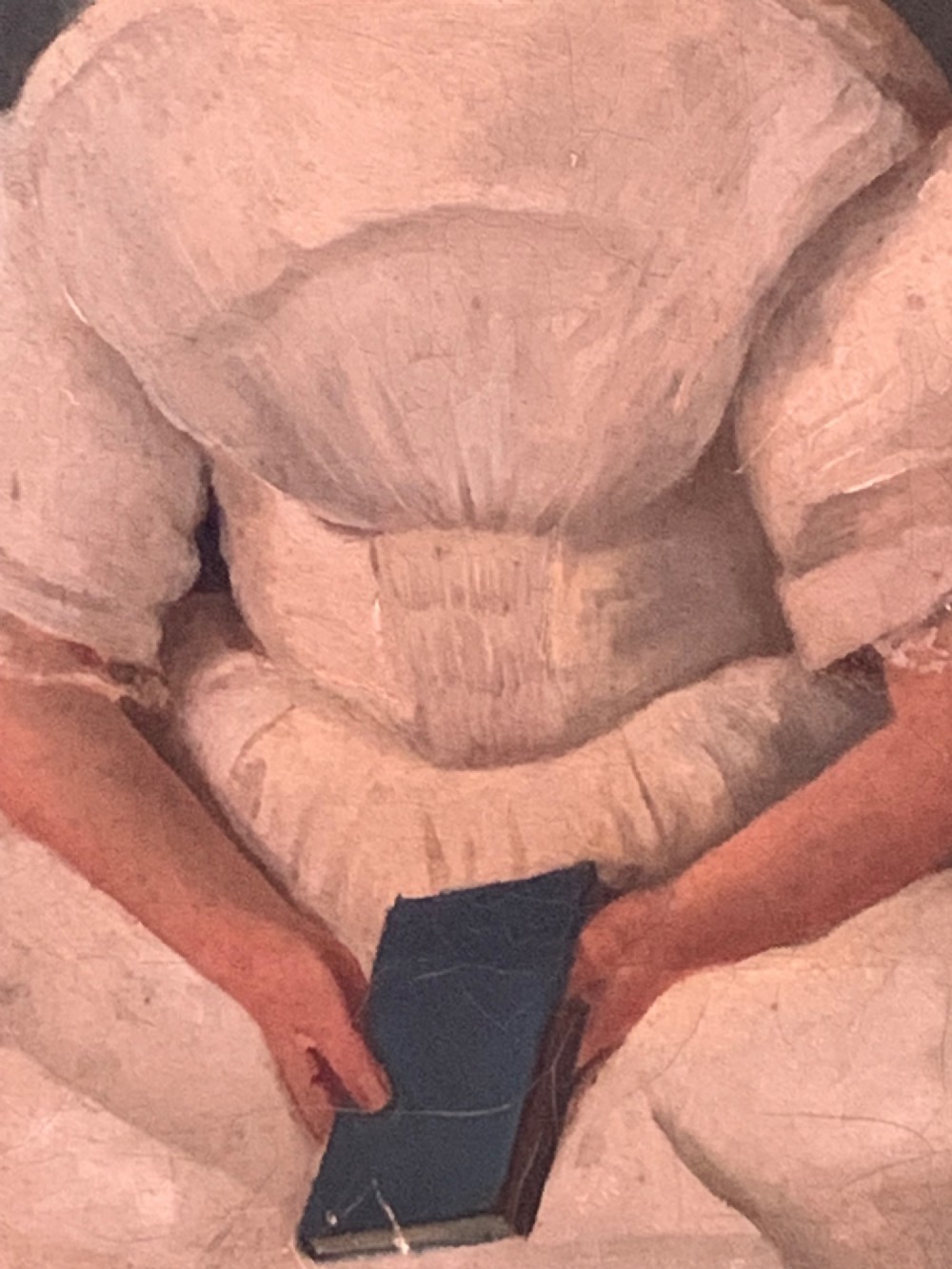 An early 19th-century oil portrait depicting a young girl in a white puff-sleeved dress and bonnet holding a book. View VII