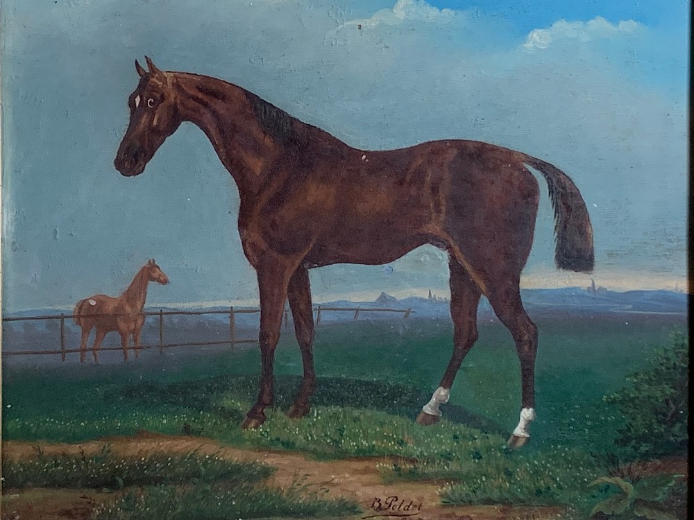 An antique oil painting on wood panel depicting a brown horse standing in a grassy landscape under a blue sky, set within a black ebonised frame with a gilt inner border. View II