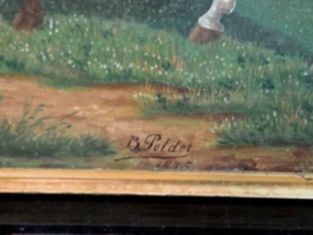 An antique oil painting on wood panel depicting a brown horse standing in a grassy landscape under a blue sky, set within a black ebonised frame with a gilt inner border. View IV