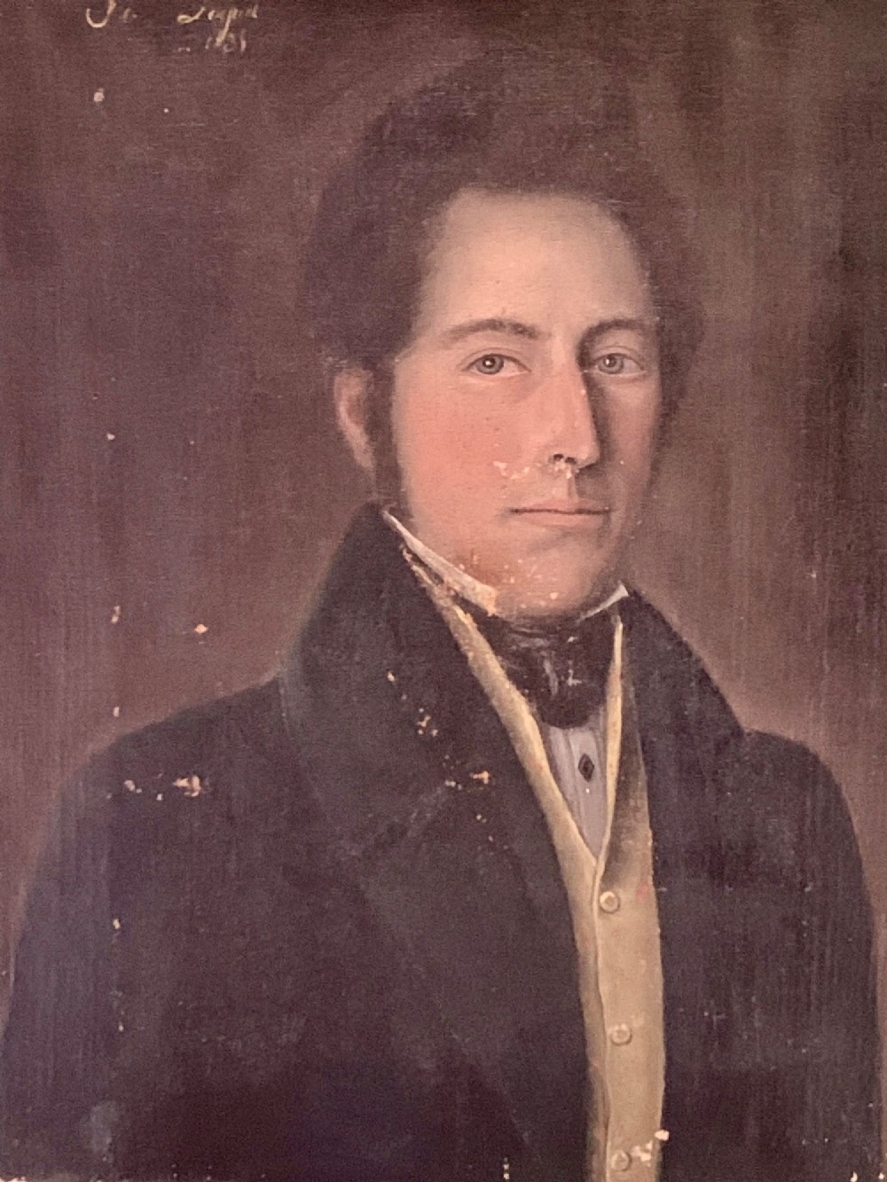 A 19th-century oil portrait on canvas depicting a gentleman with blue eyes, dark hair, a yellow waistcoat, and a dark blue coat. View II