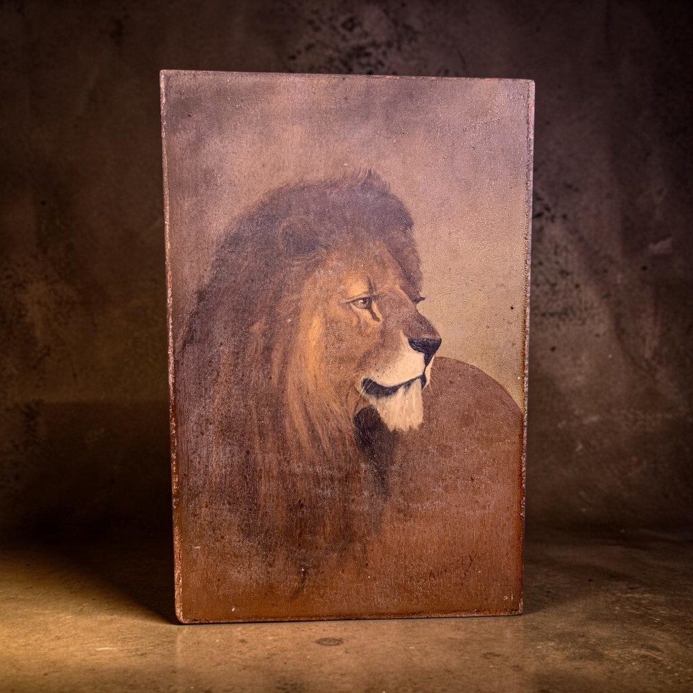 LATE 19th C NAIVE FOLK ART OIL PORTRAIT OF A LION