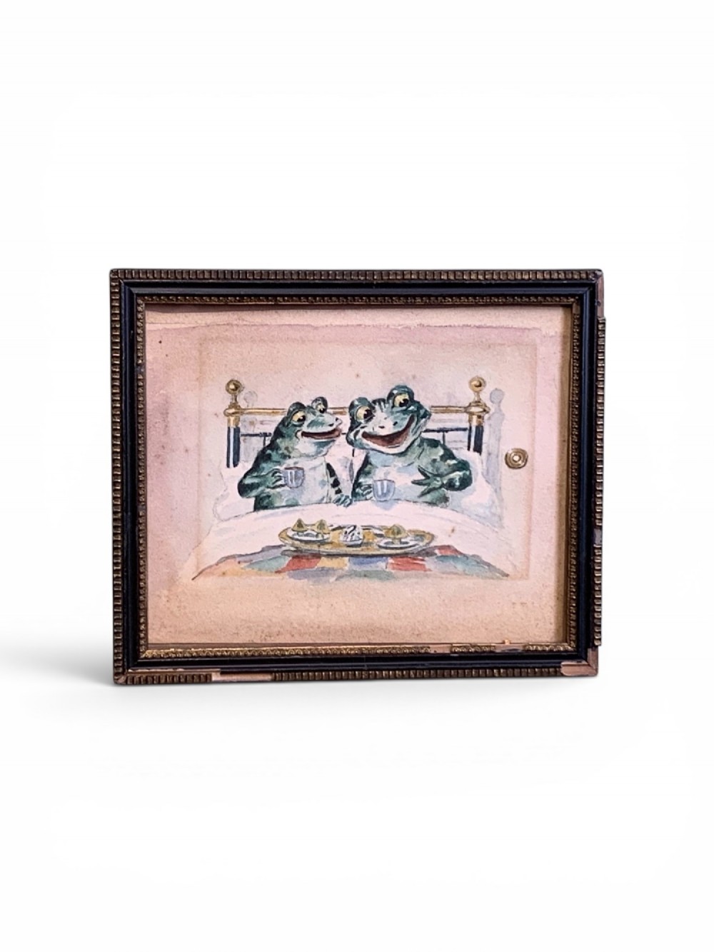 VICTORIAN WATERCOLOUR OF 2 FROGS IN A BED