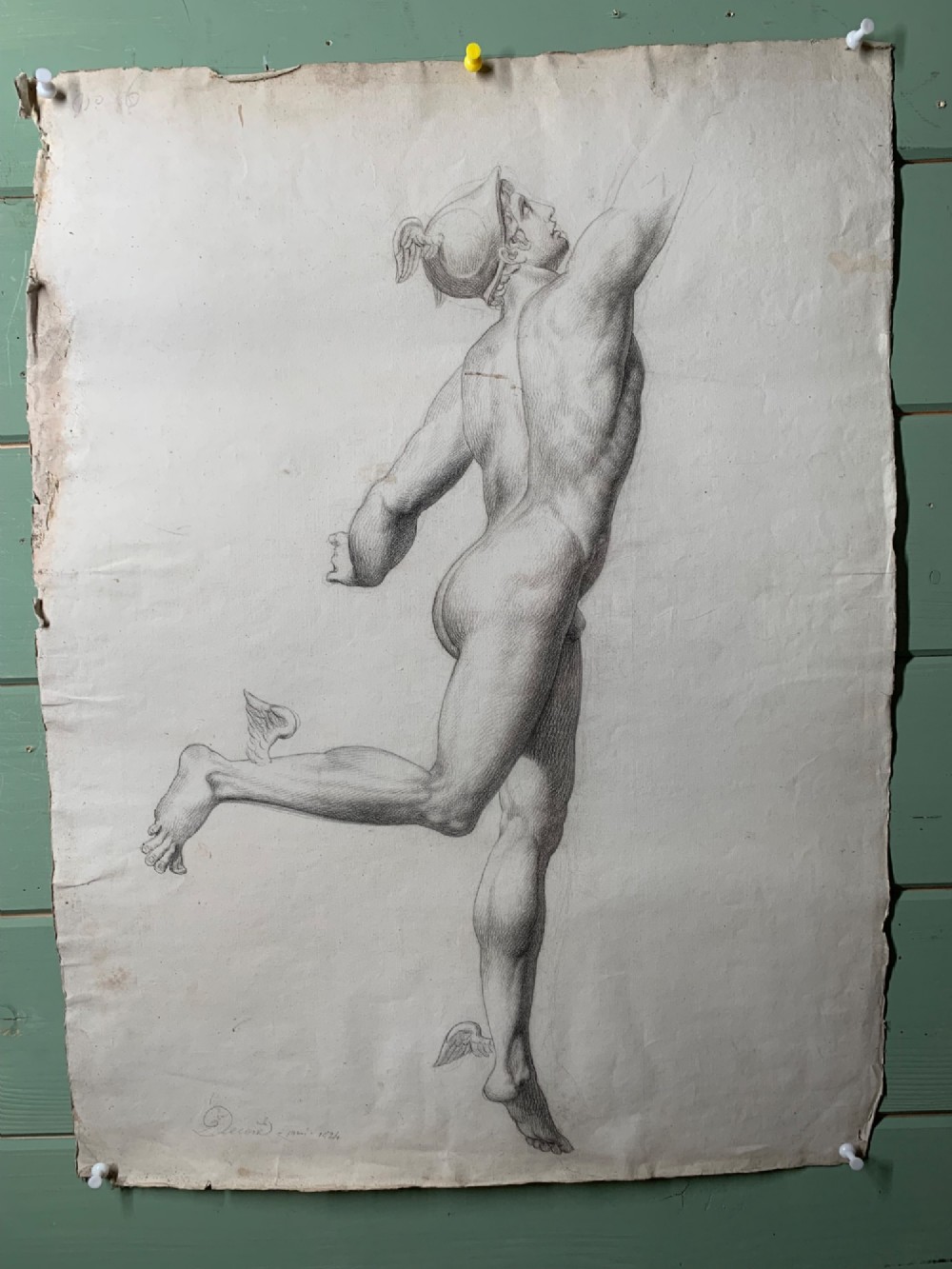 An early nineteenth-century monochrome pencil drawing depicting the Greek god Hermes as a full-length male nude in dynamic motion.