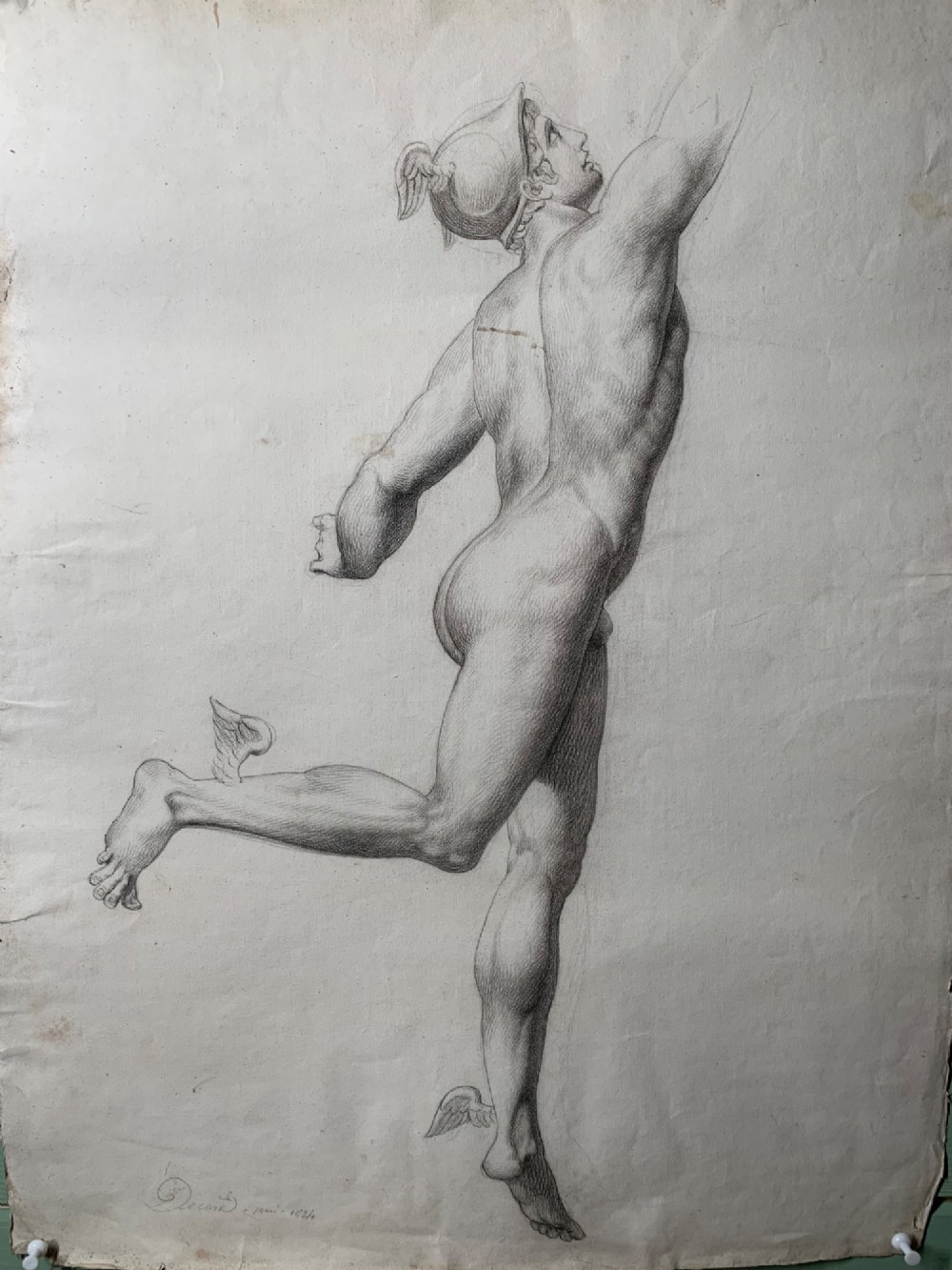 An early nineteenth-century monochrome pencil drawing depicting the Greek god Hermes as a full-length male nude in dynamic motion. View II