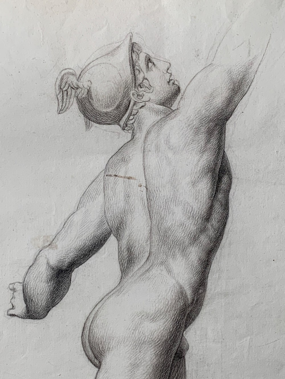 An early nineteenth-century monochrome pencil drawing depicting the Greek god Hermes as a full-length male nude in dynamic motion. View III