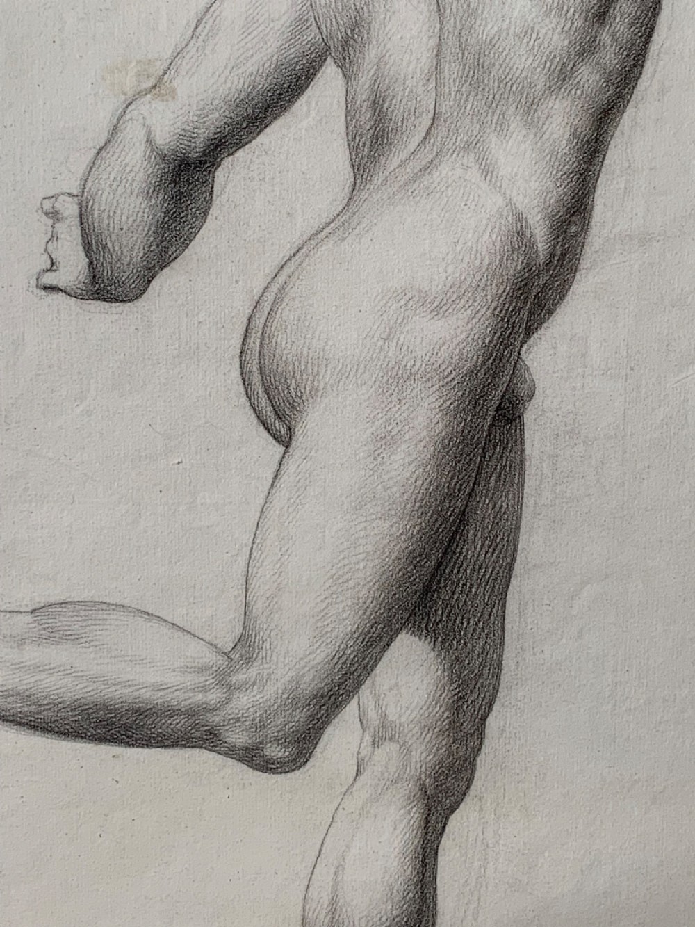 An early nineteenth-century monochrome pencil drawing depicting the Greek god Hermes as a full-length male nude in dynamic motion. View IV