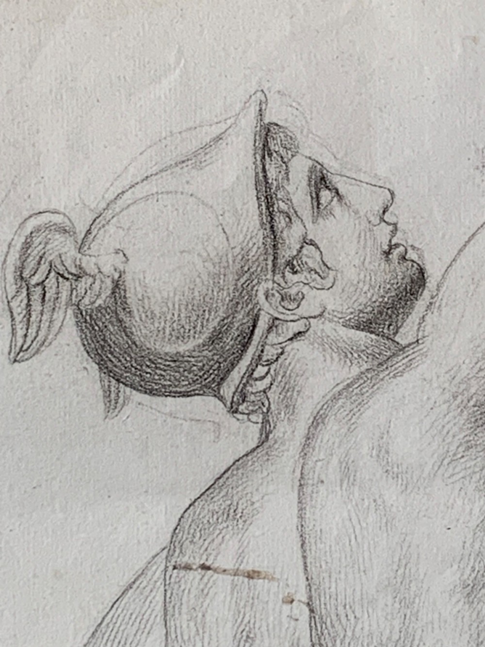 An early nineteenth-century monochrome pencil drawing depicting the Greek god Hermes as a full-length male nude in dynamic motion. View V