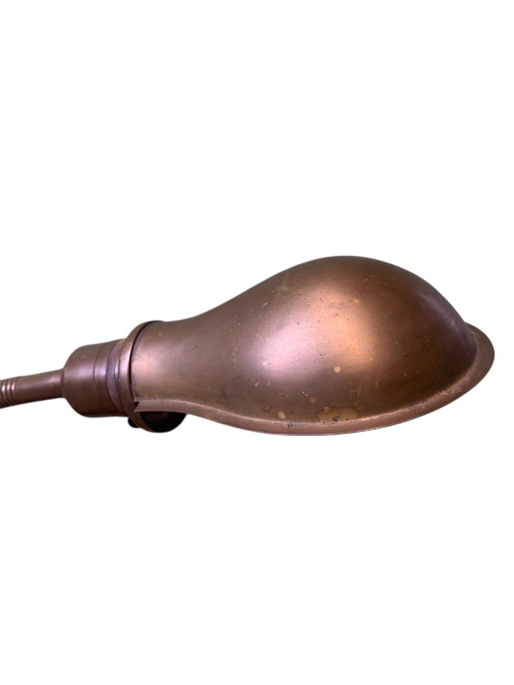 An antique French desk lamp crafted from patinated brass, featuring a weighted circular base, a flexible gooseneck stem, and an adjustable brass shade. View III