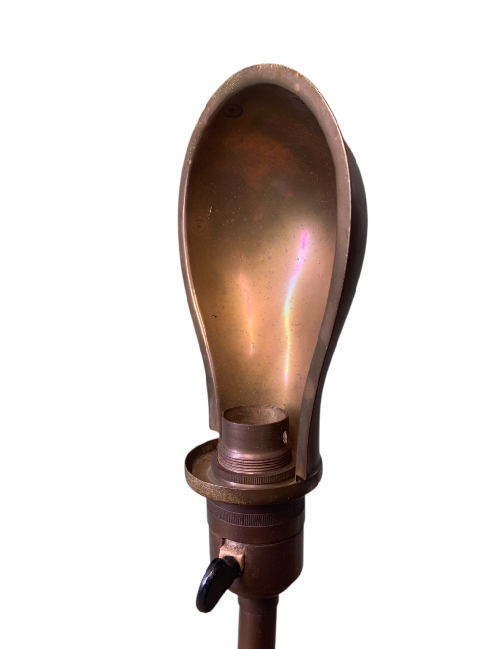 An antique French desk lamp crafted from patinated brass, featuring a weighted circular base, a flexible gooseneck stem, and an adjustable brass shade. View IX