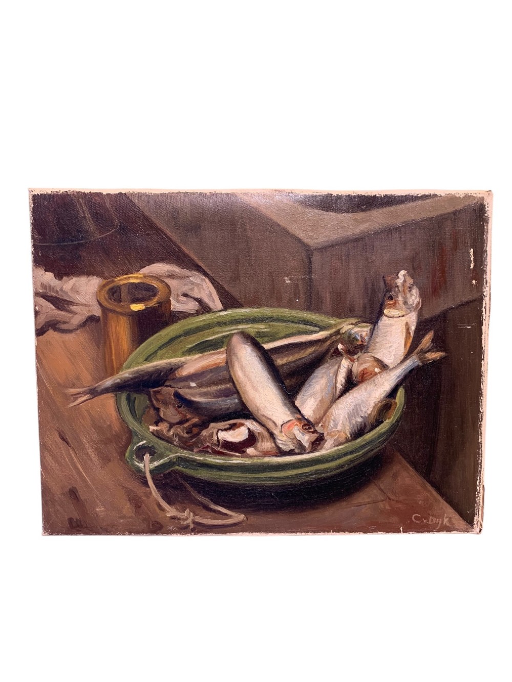 An unframed rectangular oil painting on canvas depicting a group of small fish arranged in a green glazed bowl on a wooden surface. View II