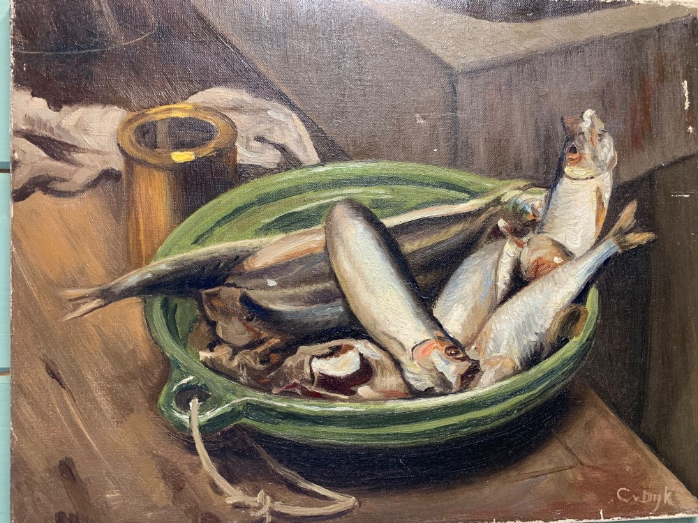 An unframed rectangular oil painting on canvas depicting a group of small fish arranged in a green glazed bowl on a wooden surface. View VI
