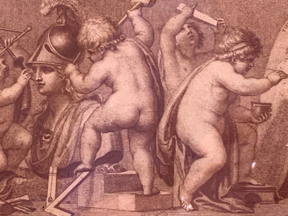 A horizontal monochrome 18th-century style framed engraving depicting classical putti engaged in artistic and architectural pursuits. View IV