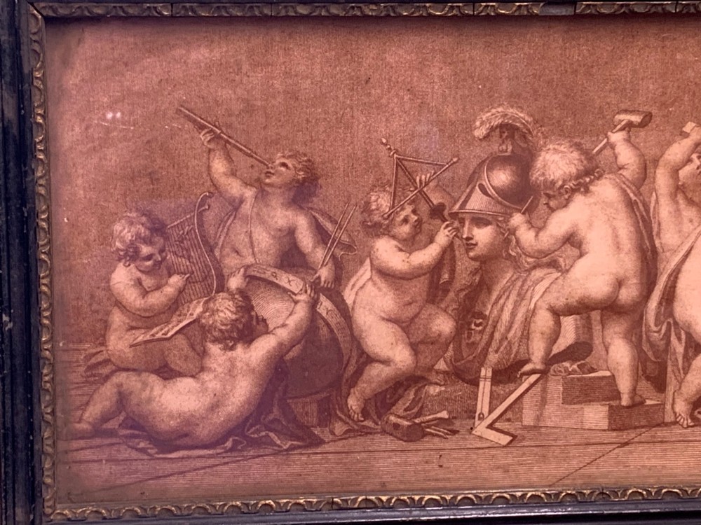 A horizontal monochrome 18th-century style framed engraving depicting classical putti engaged in artistic and architectural pursuits. View V