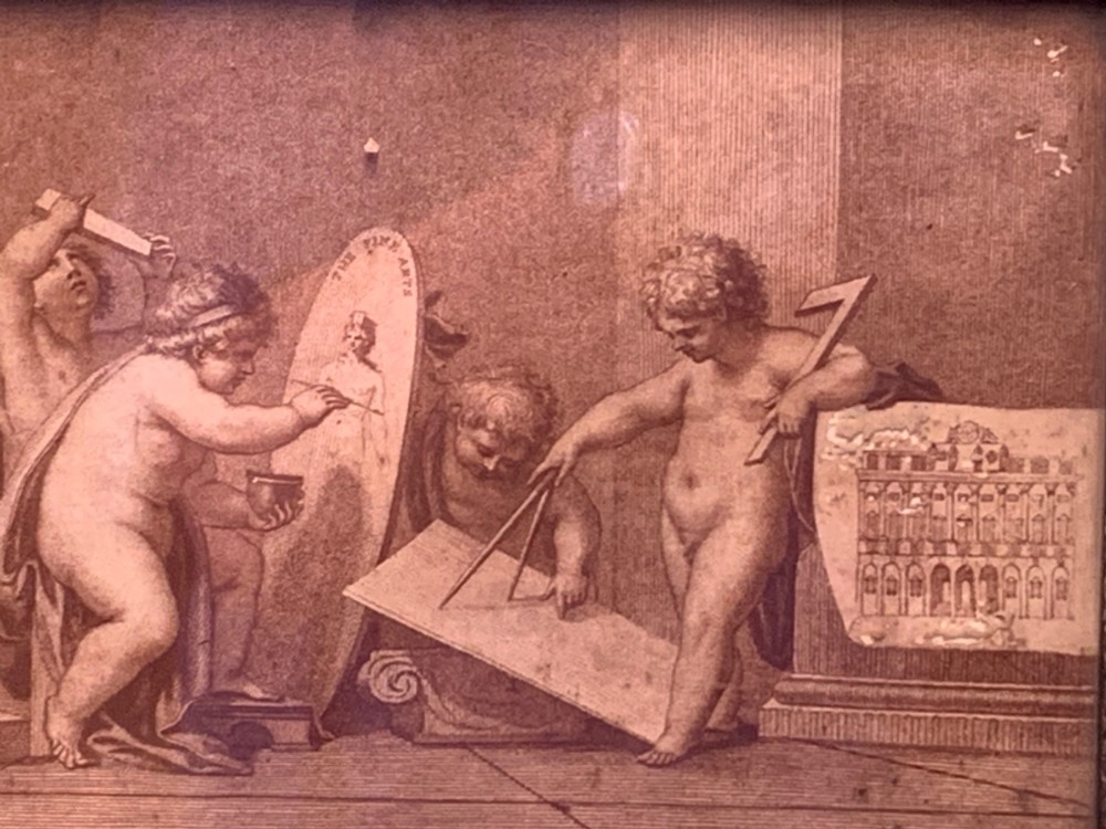 A horizontal monochrome 18th-century style framed engraving depicting classical putti engaged in artistic and architectural pursuits. View VI