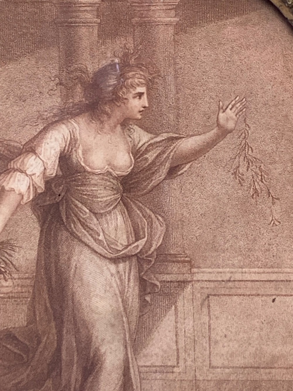 An 18th-century oval stipple engraving depicting a draped classical figure with foliage, housed in a beaded giltwood frame. View VI