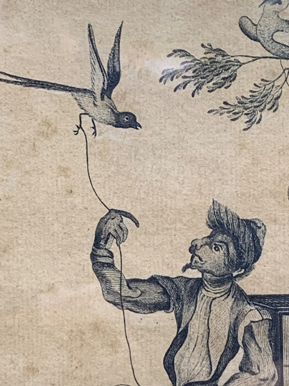 An 18th-century monochrome etching featuring a clothed monkey seated beside a birdcage surrounded by birds, enclosed in an ornate gold leaf frame. View VII