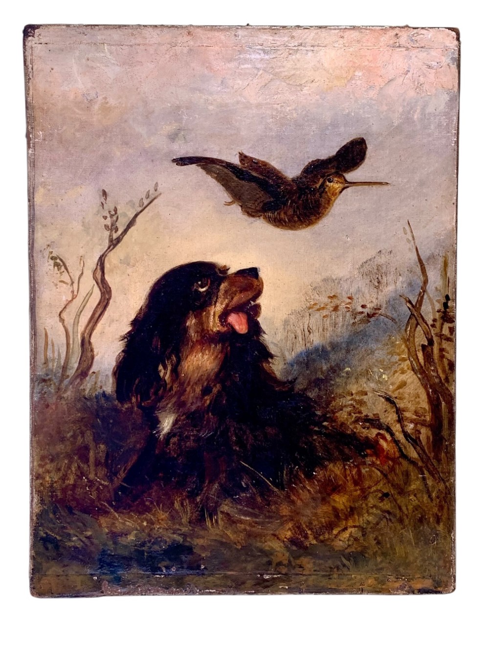 A 19th-century oil painting depicting a black and tan spaniel seated in a landscape looking upward at a woodcock bird in flight. View II