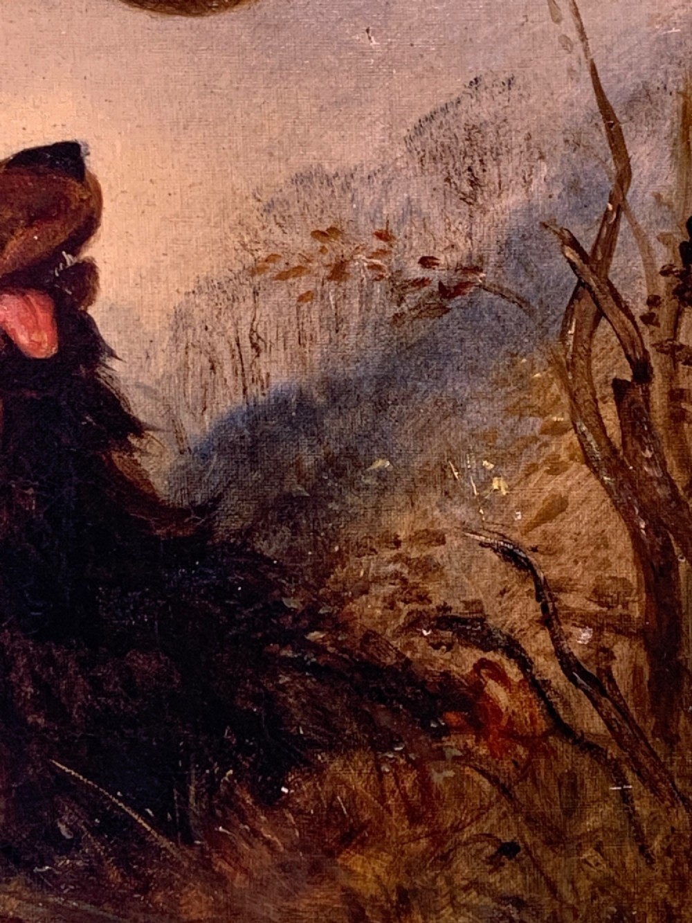 A 19th-century oil painting depicting a black and tan spaniel seated in a landscape looking upward at a woodcock bird in flight. View V