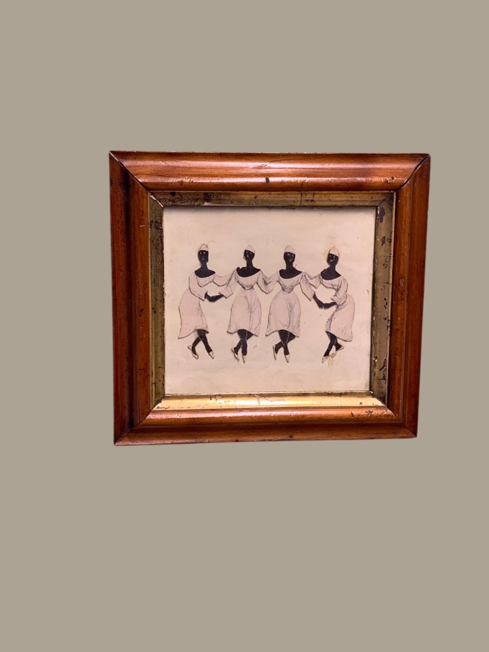 A 19th-century framed paper collage displaying four dancing female figures holding hands within a moulded timber frame and gilded inner slip. View II