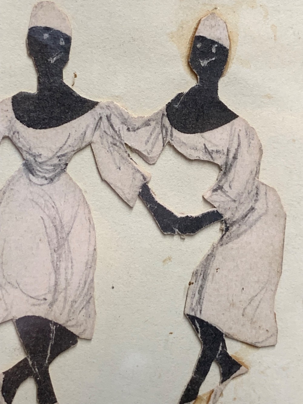 A 19th-century framed paper collage displaying four dancing female figures holding hands within a moulded timber frame and gilded inner slip. View VIII