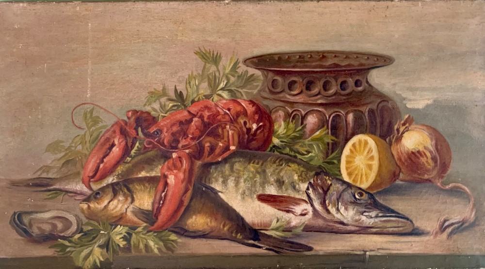 An oil on canvas still life painting depicting a red lobster, fish, sliced lemon, and a copper urn arranged on a wooden table against a warm brown background. View II