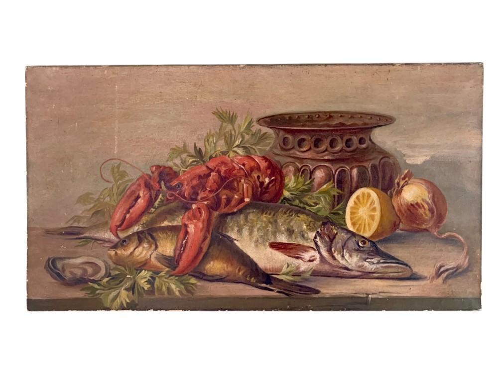 An oil on canvas still life painting depicting a red lobster, fish, sliced lemon, and a copper urn arranged on a wooden table against a warm brown background.