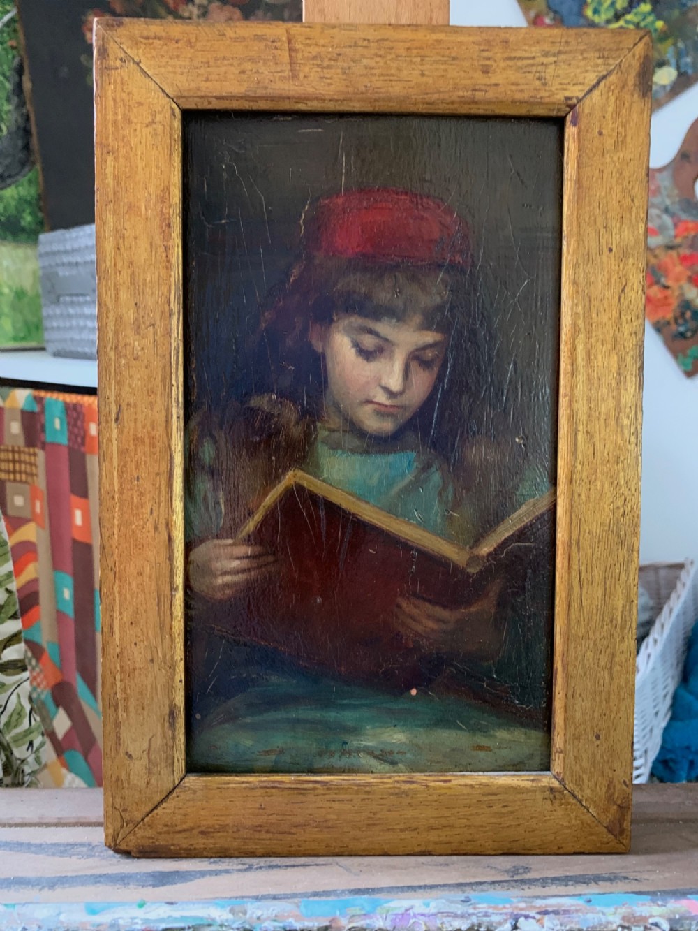 PORTRAIT OF A GIRL READING - CIRCLE OF J F WATTS - OIL ON BOARD View II