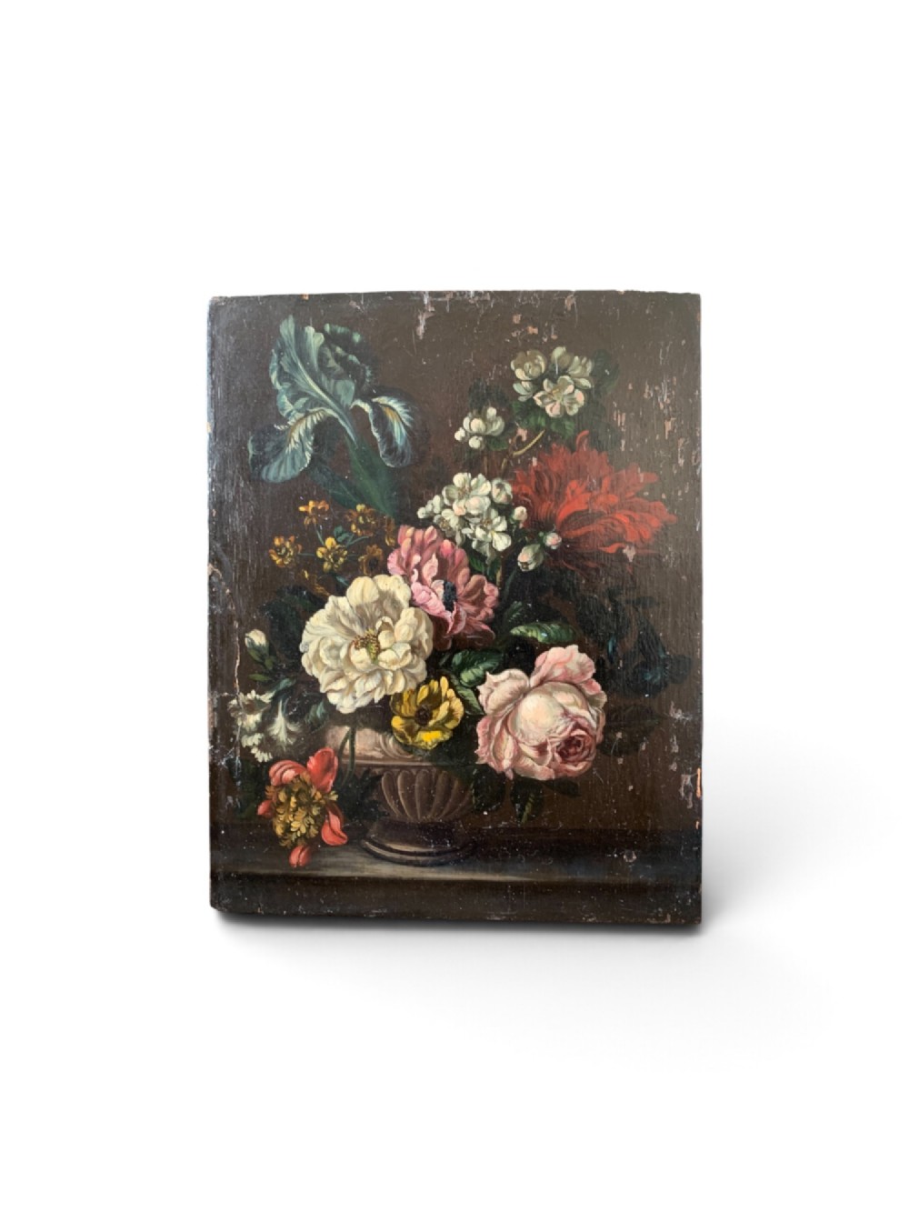 A framed Dutch School style oil painting on wood panel featuring a varied arrangement of flowers in a fluted urn set against a dark background. View II