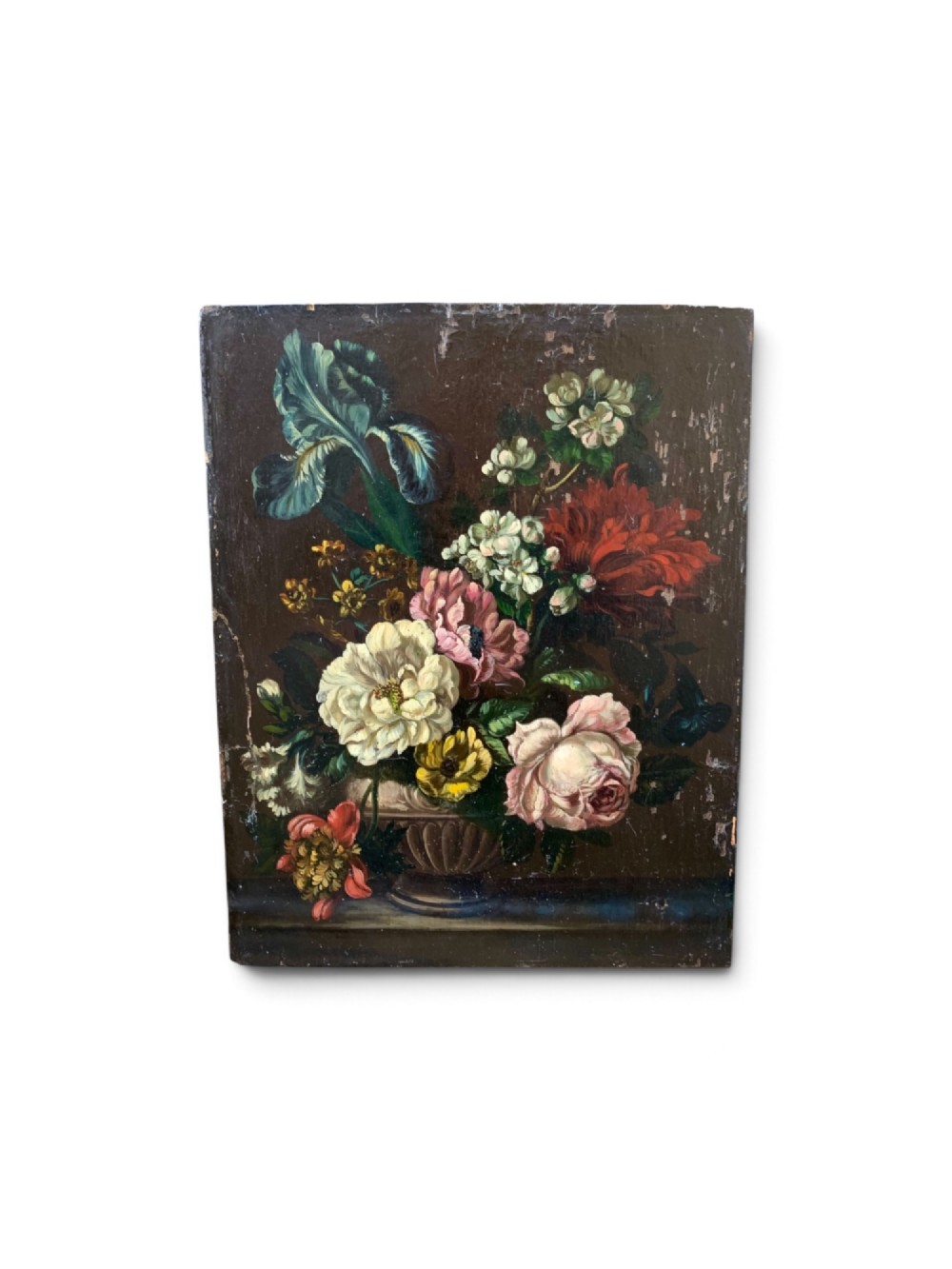 A framed Dutch School style oil painting on wood panel featuring a varied arrangement of flowers in a fluted urn set against a dark background. View III