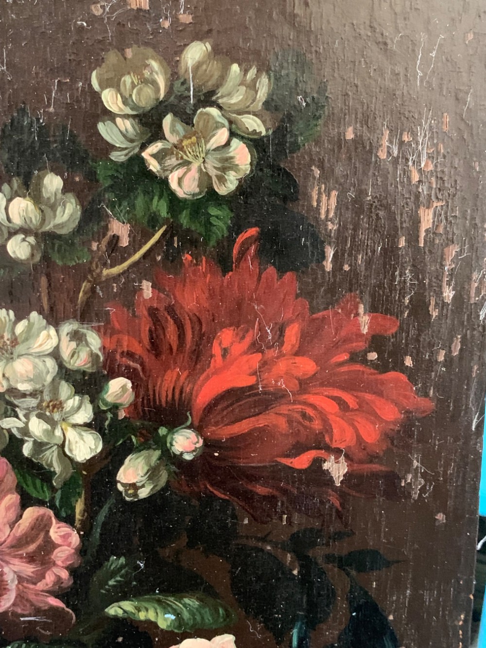 A framed Dutch School style oil painting on wood panel featuring a varied arrangement of flowers in a fluted urn set against a dark background. View VIII