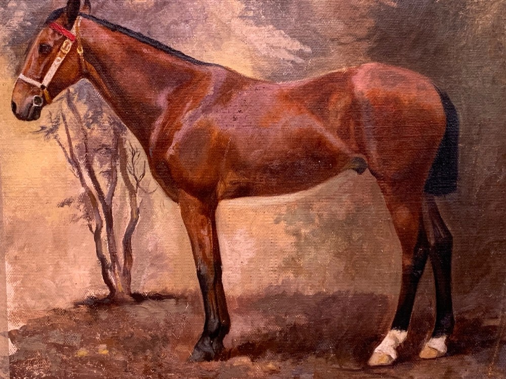 An early 20th-century oil painting on canvas depicting a profile view of a brown thoroughbred horse standing in a landscape. View III