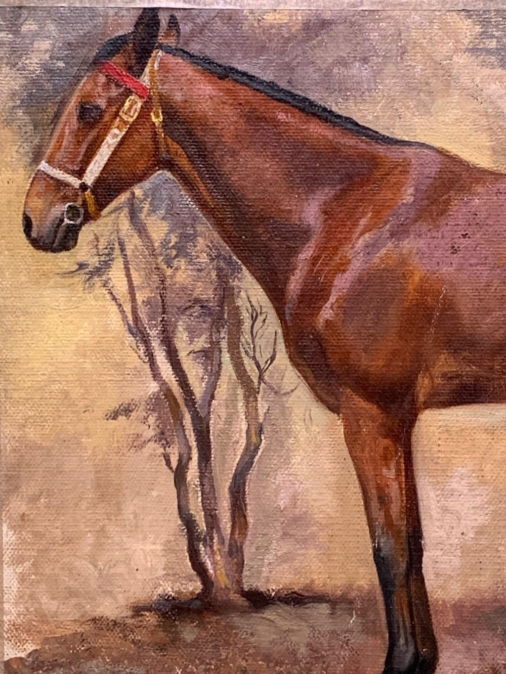 An early 20th-century oil painting on canvas depicting a profile view of a brown thoroughbred horse standing in a landscape. View IV