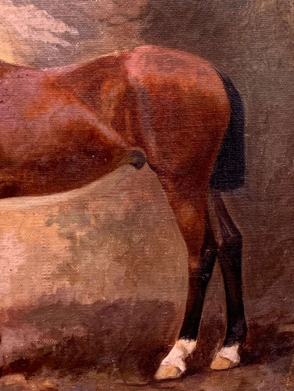 An early 20th-century oil painting on canvas depicting a profile view of a brown thoroughbred horse standing in a landscape. View V