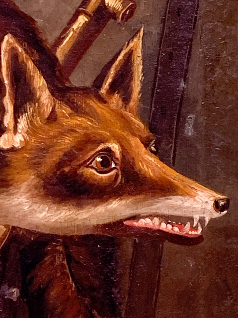 A 19th-century oil painting on canvas depicting a fox head trophy alongside a brass hunting horn and whip against a dark brown background. View III