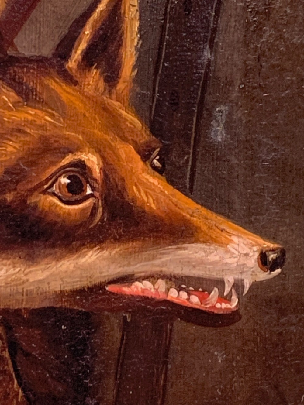 A 19th-century oil painting on canvas depicting a fox head trophy alongside a brass hunting horn and whip against a dark brown background. View IV