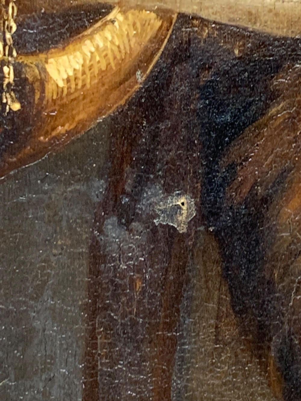 A 19th-century oil painting on canvas depicting a fox head trophy alongside a brass hunting horn and whip against a dark brown background. View VI