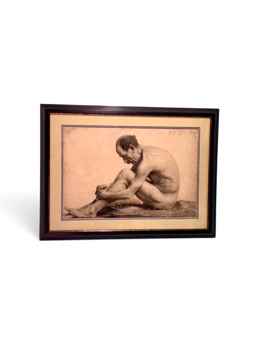 A monochrome academic paper drawing depicting a seated, bowed male nude in profile with detailed anatomical shading. View III
