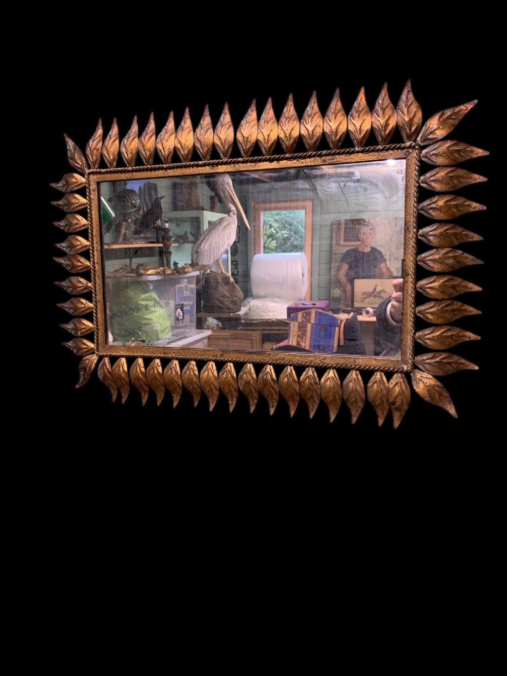 A rectangular horizontal landscape mirror framed in aged gilt metal surrounded by radiating leaf-shaped motifs and a inner rope-twist border. View IV